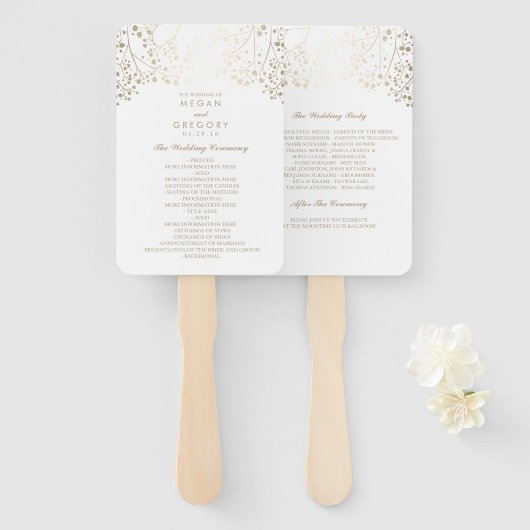 Wit en Goud | Baby's Breath bruiloft programma Handwaaier (Voorkant en achterkant)