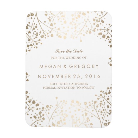 Wit en goud Baby's Breath Save the Date Magneet (Verticaal)