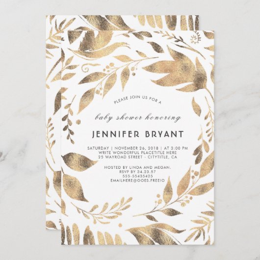 Wit en Goud Bladeren Laurel Herfst Baby shower Kaart (Voorkant / Achterkant)