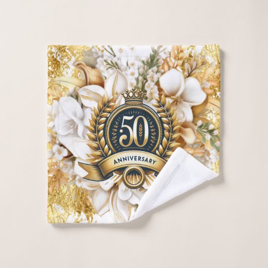 Wit en Goud Bloemen 50ste Jubileum Gift Bad Handdoek (Wasdoekje)