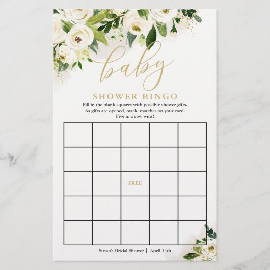 Wit en Goud Bloemen Baby Bingo Papier Spel Kaart (Voorkant)