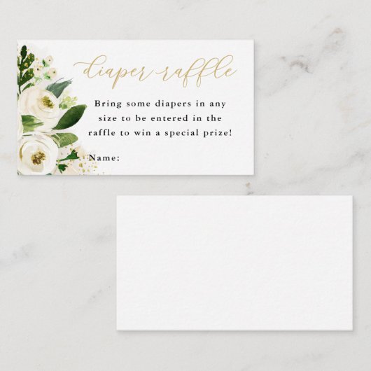 Wit en Goud Bloemen Baby Luier Raffle Ticket Informatiekaartje (Voorkant / Achterkant)