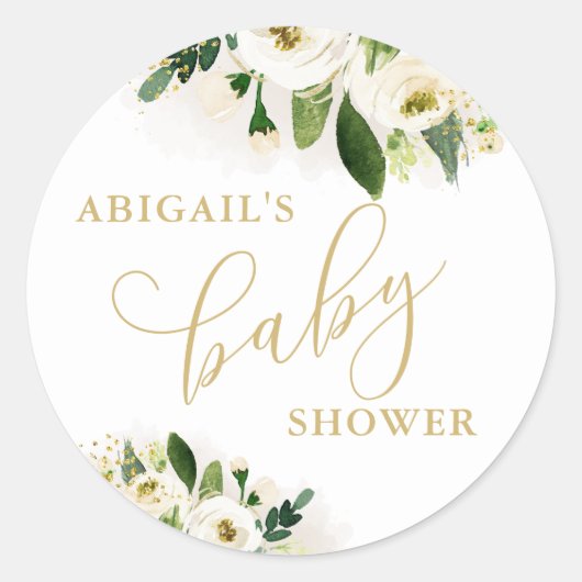 Wit en Goud Bloemen Baby shower Favor Ronde Sticker (Voorkant)