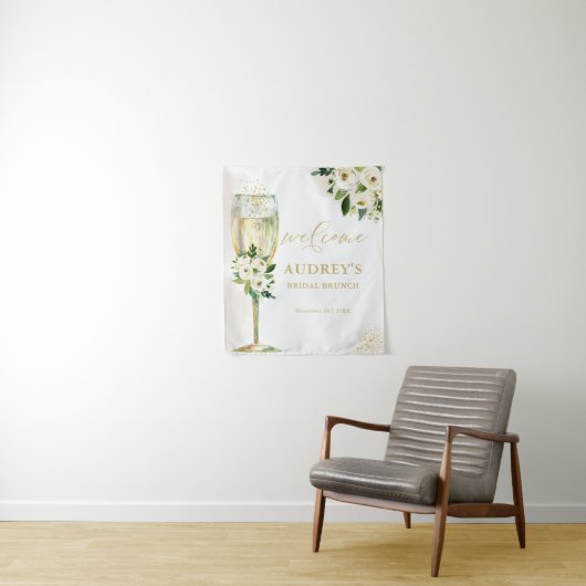 Wit en Goud Bloemen Champagne Glas Welkom Wandkleed (In situ)