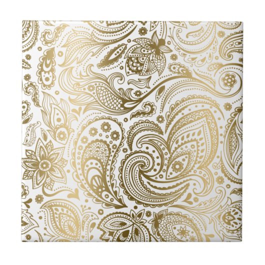 Wit en Goud Bloemen Kant Paisley 3 Tegeltje (Voorkant)