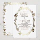 Wit en Goud Bloemen Krans Bruiloft Kaart (Voorkant / Achterkant)