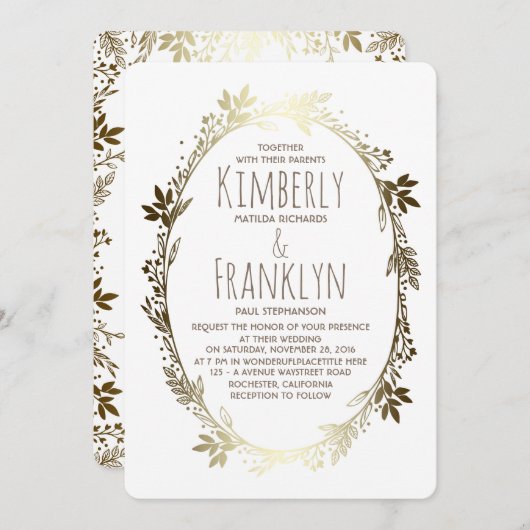 Wit en Goud Bloemen Krans Bruiloft Kaart (Voorkant / Achterkant)