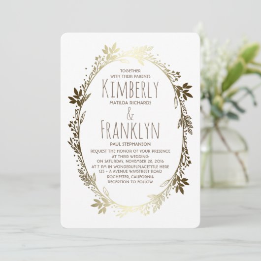 Wit en Goud Bloemen Krans Bruiloft Kaart (Staand voorkant)