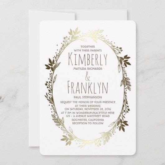 Wit en Goud Bloemen Krans Bruiloft Kaart (Voorkant)