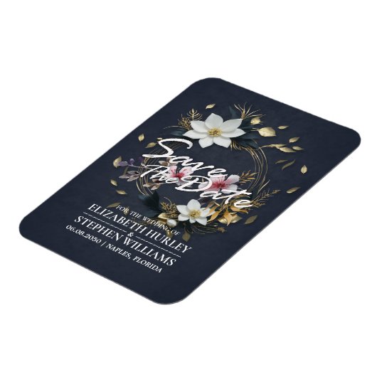 Wit en Goud Bloemen Krans Bruiloft Save The Date Magneet (Linkerzijde)