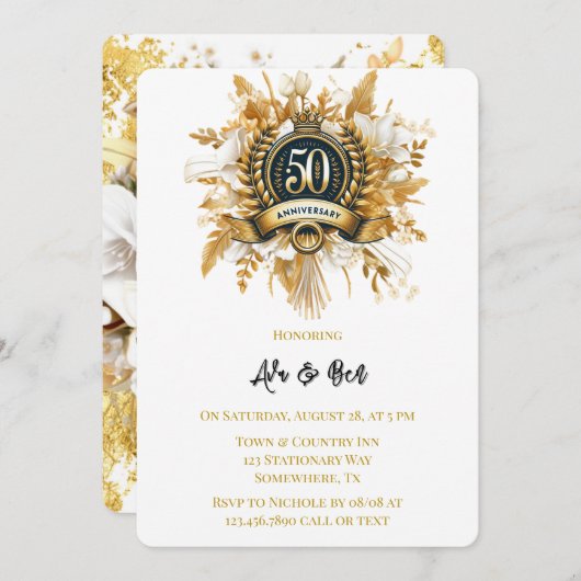 Wit en Goud Bloemen Laurel 50ste Jubileum Kaart (Voorkant / Achterkant)