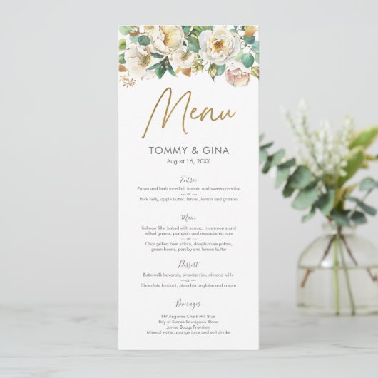 Wit en Goud Bloemen Menu of Programma Kaart (Staand voorkant)
