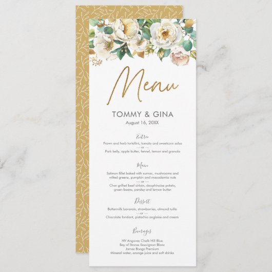 Wit en Goud Bloemen Menu of Programma Kaart (Voorkant / Achterkant)