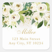 Wit en Goud Bloemen Retouradres Vierkante Sticker (Voorkant)
