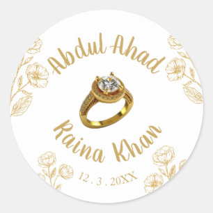 Wit en Goud Bloemen Verloving Ring Ronde Sticker