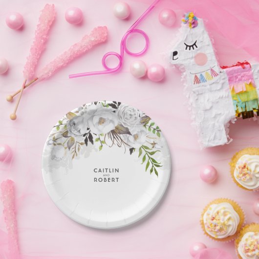 Wit en Goud Bloemen Waterverf Bruiloft Papieren Bordje (Feest)