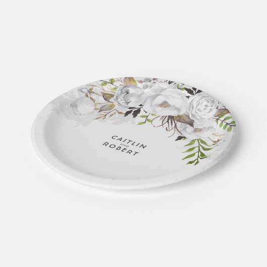 Wit en Goud Bloemen Waterverf Bruiloft Papieren Bordje (Gekanteld)