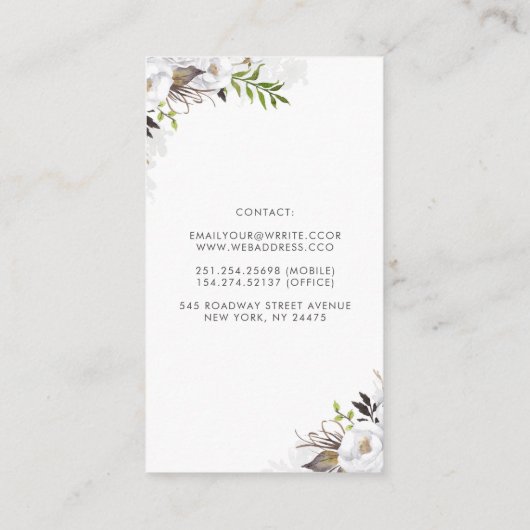 Wit en Goud Bloemen Waterverf Elegant Visitekaartje (Achterkant)