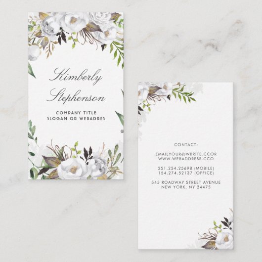 Wit en Goud Bloemen Waterverf Elegant Visitekaartje (Voorkant / Achterkant)