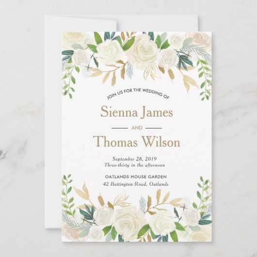 Wit en goud bloemenbruiloft uitnodiging (Voorkant)