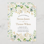 Wit en goud bloemenbruiloft uitnodiging (Voorkant / Achterkant)