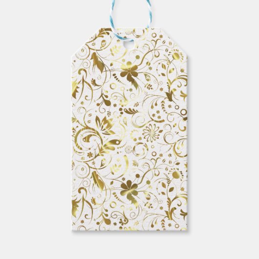 Wit en goud bloemendamast patroon cadeaulabel (Voorkant)