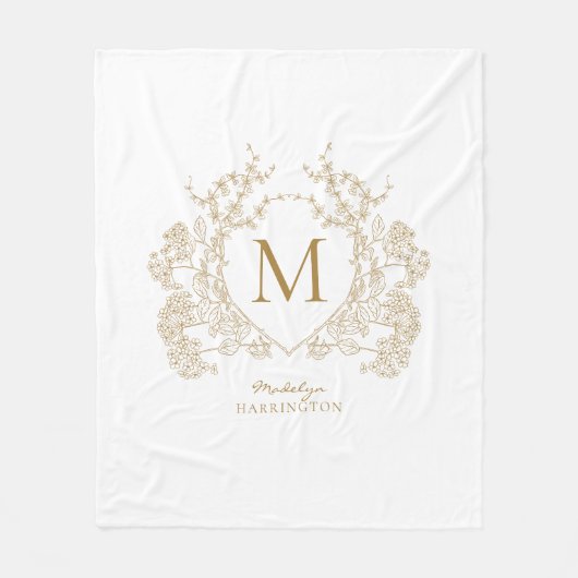  wit en goud bloemenkam Monogram Fleece Deken (Voorkant)