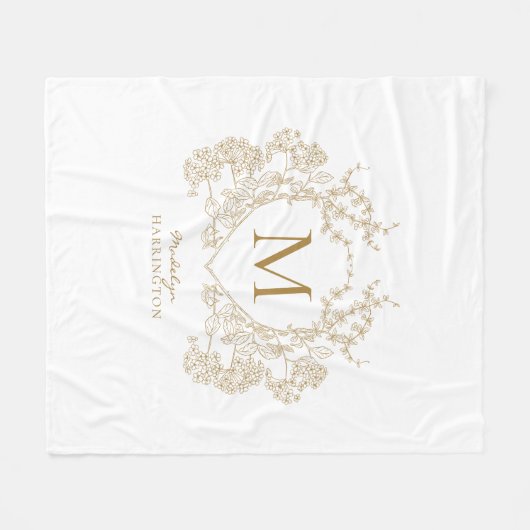 wit en goud bloemenkam Monogram Fleece Deken (Voorkant (Horizontaal))