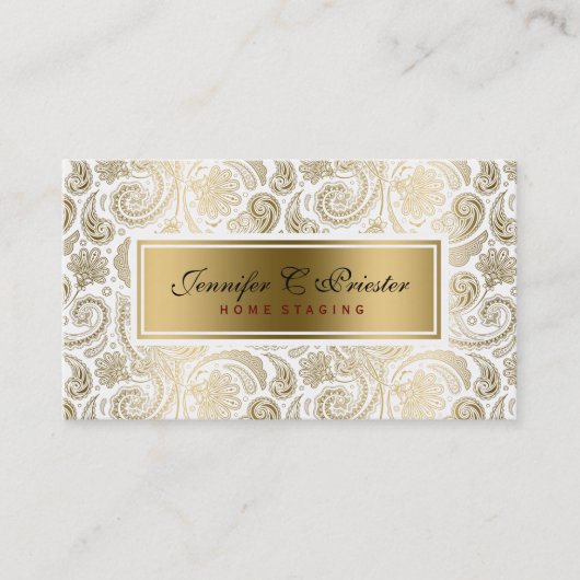 Wit en goud bloemenkant Paisley 2 Visitekaartje (Voorkant)