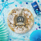 Wit en goud bloemmotief 50ste verjaardag papieren bordje (Feest)