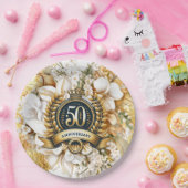 Wit en goud bloemmotief 50ste verjaardag papieren bordje (Feest)