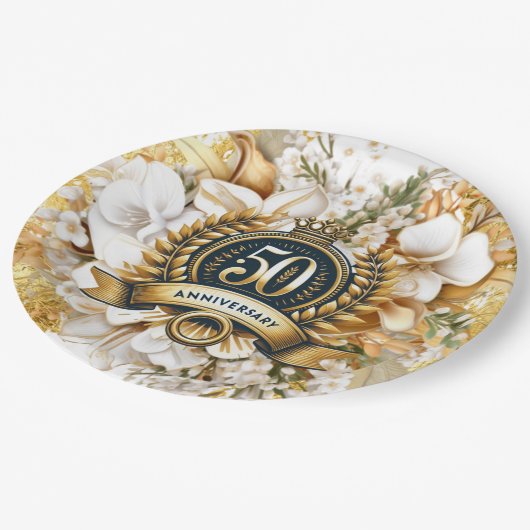 Wit en goud bloemmotief 50ste verjaardag papieren bordje (Gekanteld)