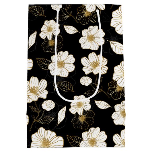 Wit en goud bloemmotief op zwart medium cadeauzakje (Achterkant)