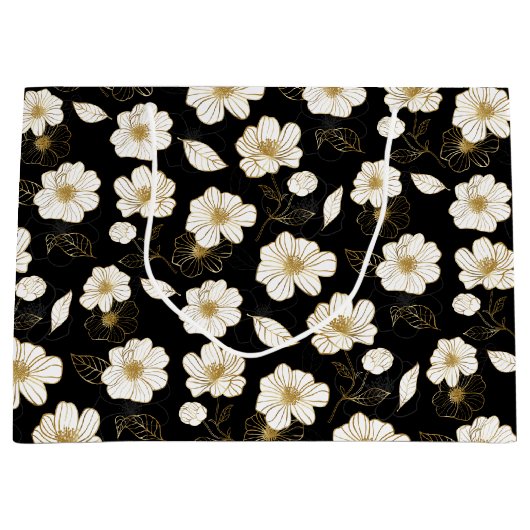 Wit en goud bloemmotief zwart groot cadeauzakje (Voorkant)