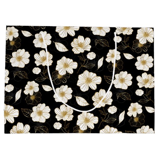 Wit en goud bloemmotief zwart groot cadeauzakje (Achterkant)