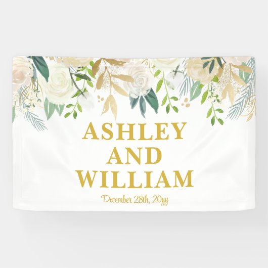 Wit en Goud Boho Bohemian Chic Greenery Wedding Spandoek (Horizontaal)
