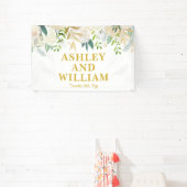 Wit en Goud Boho Bohemian Chic Greenery Wedding Spandoek (Insitu)