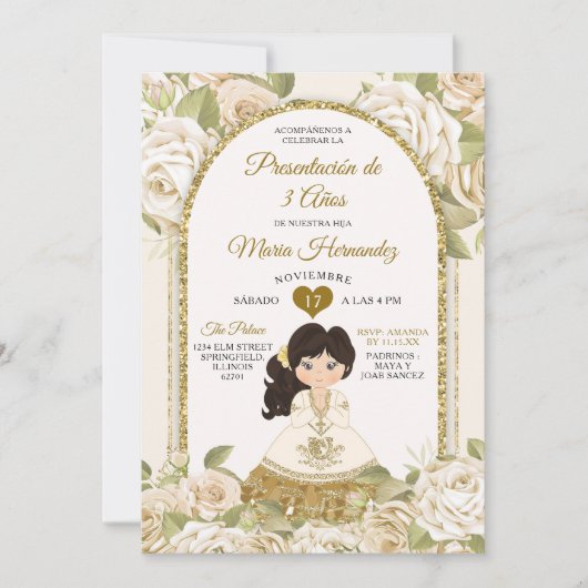 Wit en Goud Boho Mexicaanse Bloemenmeisje Tres Ano Kaart (Voorkant)