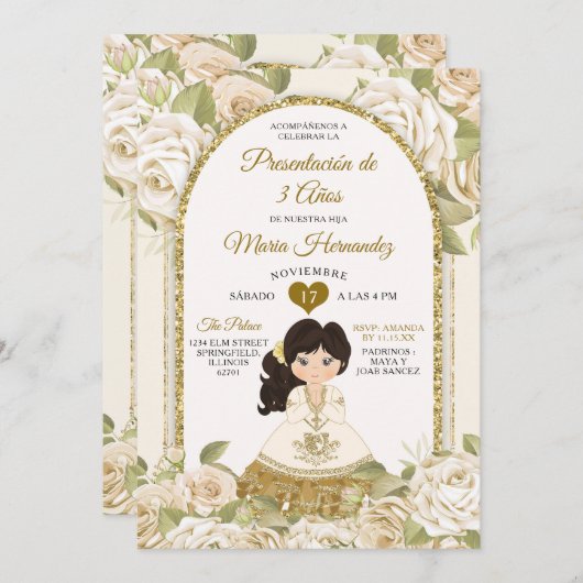 Wit en Goud Boho Mexicaanse Bloemenmeisje Tres Ano Kaart (Voorkant / Achterkant)