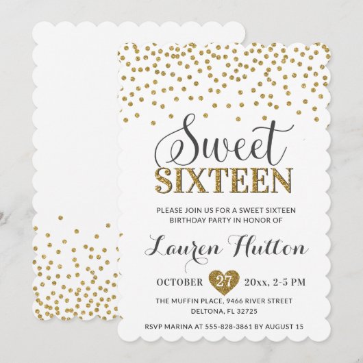 Wit en Goud Chic Sweet Sixteen Party Verjaardag Kaart (Voorkant / Achterkant)