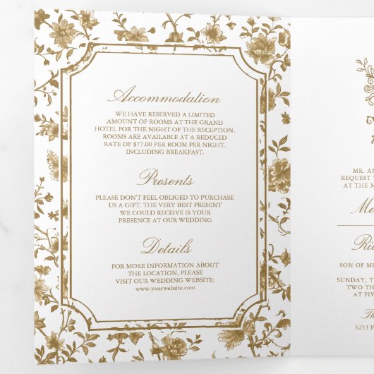 Wit en Goud Chinoiserie Crest QR Code Huwelijk Drieluik Uitnodiging (Binnenzijde eerst)