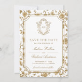 Wit en Goud Chinoiserie Wapen Foto Bruiloft Save The Date (Voorkant)