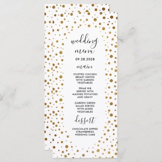 Wit en Goud Confetti Folie Bruiloft Menu Kaarten (Voorkant / Achterkant)