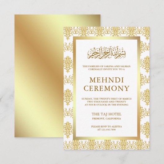 Wit en Goud Damast Islamitische Moslim Mehndi Informatiekaartje (Voorkant / Achterkant)