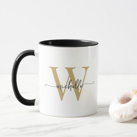 Wit en Goud Elegant Monogram Naam Schrift Mok (Met donut)