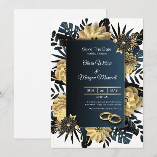 Wit en goud elegante bruiloft kaart (Voorkant / Achterkant)