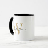 Wit en Goud Elegante Monogram Naam Schrift Mok (Voorkant links)