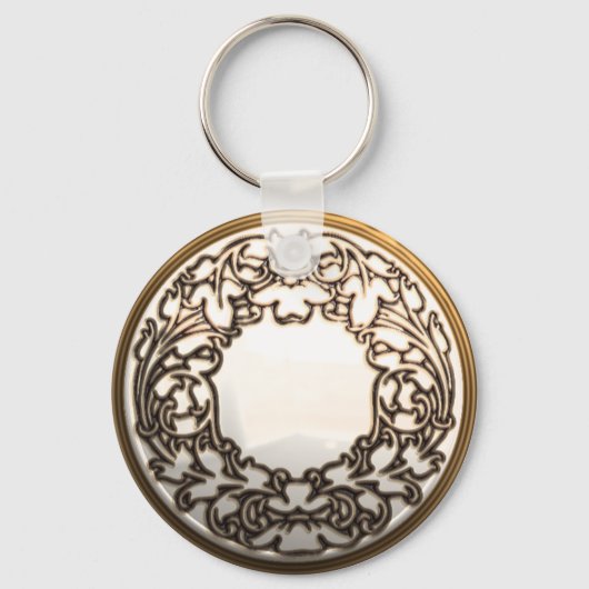 Wit en goud filigree glas naaiknop sleutelhanger (Voorkant)