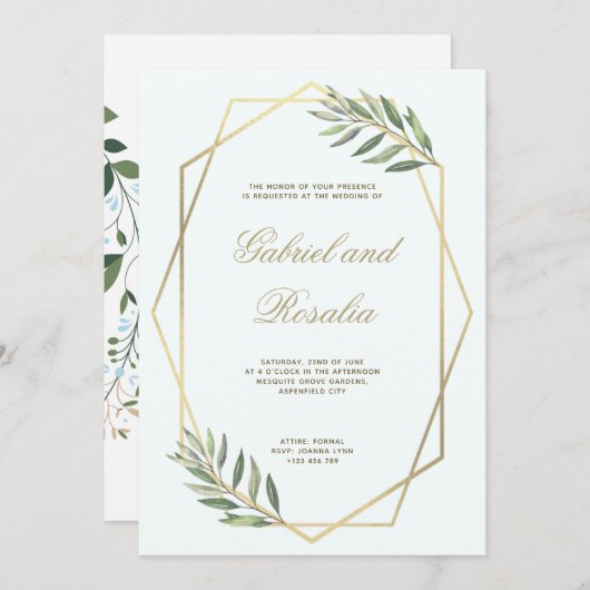 Wit en Goud Geometrisch Bloemen Bruiloft Kaart (Voorkant / Achterkant)