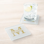 Wit en Goud Gepersonaliseerd Monogram en Naam Glazen Onderzetter (Schuin)